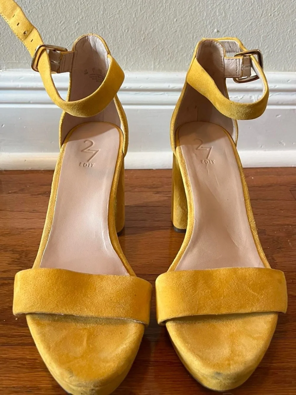27 EDIT Yellow Suede Platform Block Heel Sandals
